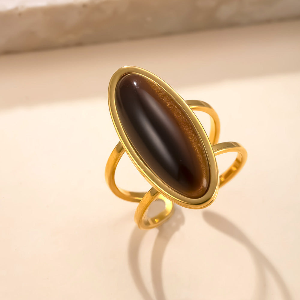 Oval Natural Stone Stainless Steel Ring – Simple & Elegant Jewelry