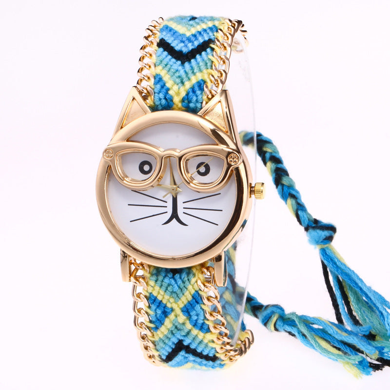 DIY Hand-Knitted Woolen Chain Cat Face Glasses Watch – Ethnic Style Woven Bracelet Watch for Women