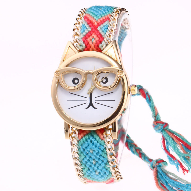 DIY Hand-Knitted Woolen Chain Cat Face Glasses Watch – Ethnic Style Woven Bracelet Watch for Women