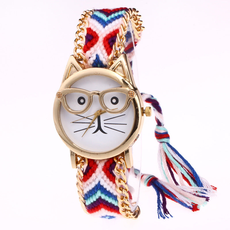 DIY Hand-Knitted Woolen Chain Cat Face Glasses Watch – Ethnic Style Woven Bracelet Watch for Women