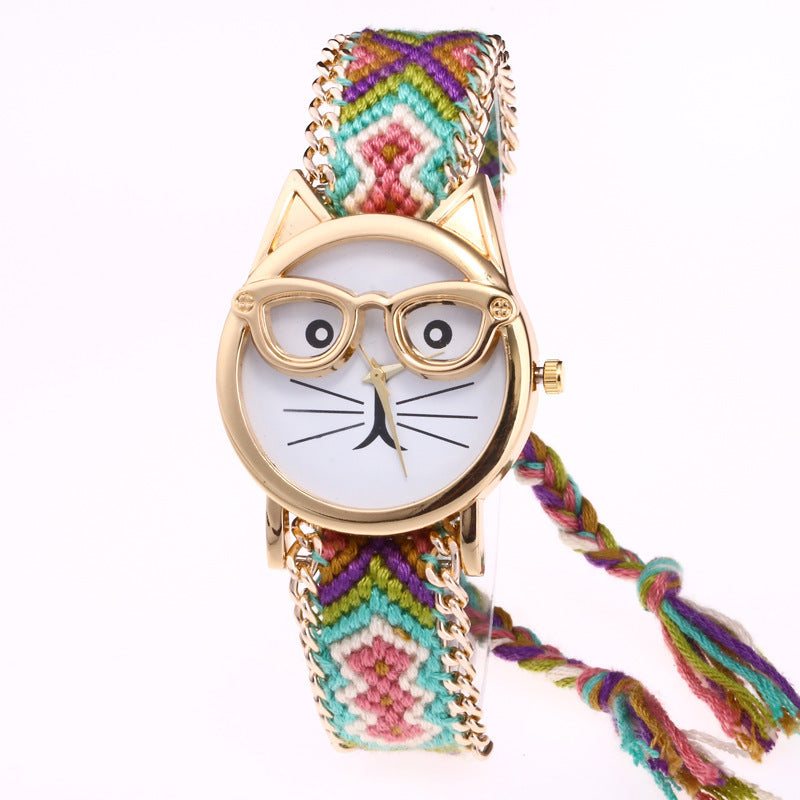 DIY Hand-Knitted Woolen Chain Cat Face Glasses Watch – Ethnic Style Woven Bracelet Watch for Women