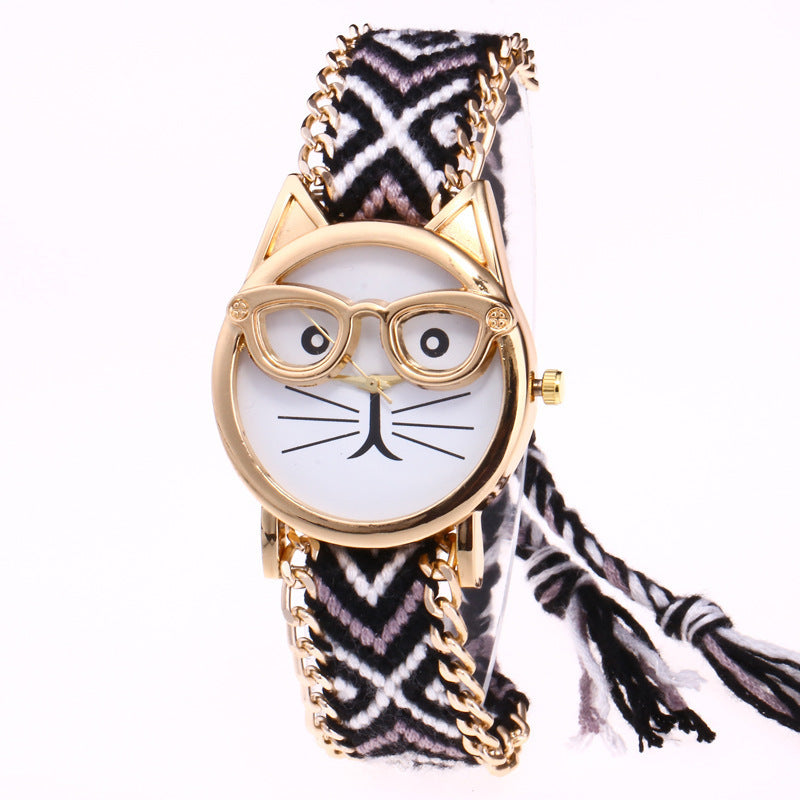DIY Hand-Knitted Woolen Chain Cat Face Glasses Watch – Ethnic Style Woven Bracelet Watch for Women