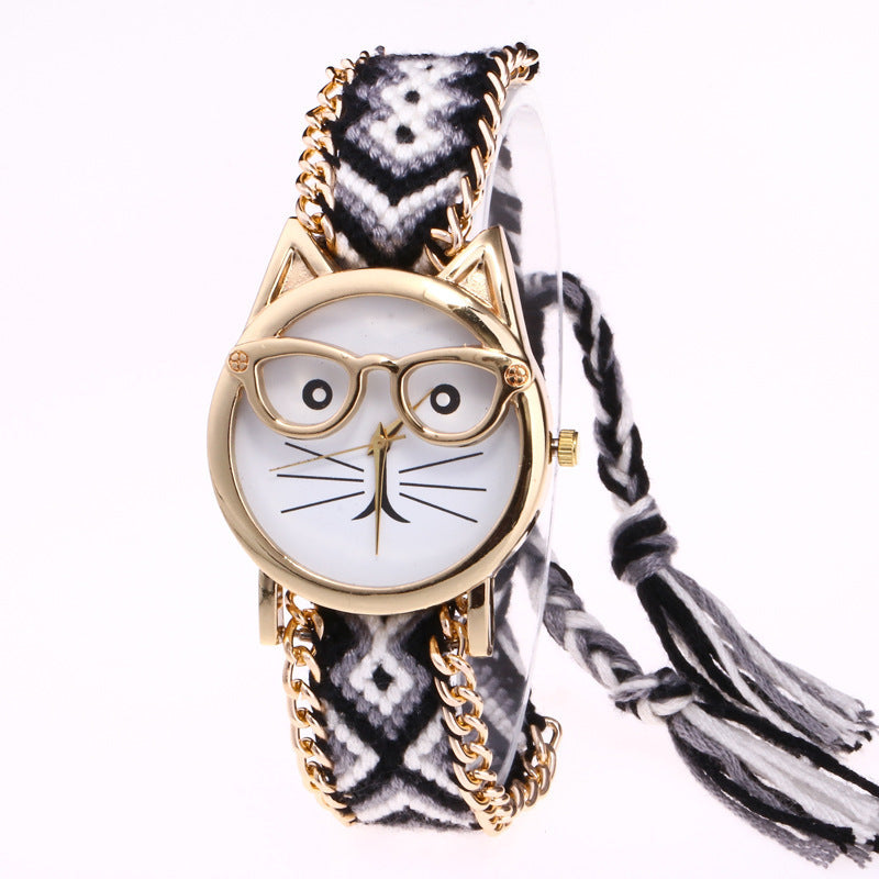 DIY Hand-Knitted Woolen Chain Cat Face Glasses Watch – Ethnic Style Woven Bracelet Watch for Women