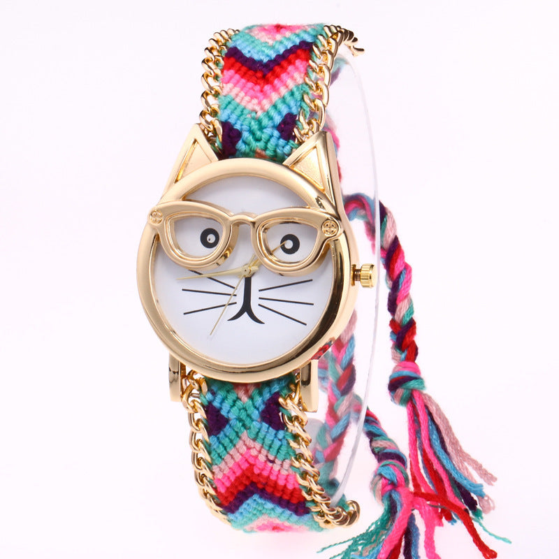 DIY Hand-Knitted Woolen Chain Cat Face Glasses Watch – Ethnic Style Woven Bracelet Watch for Women
