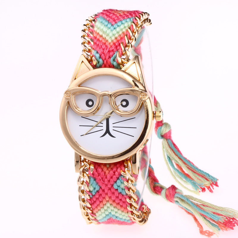 DIY Hand-Knitted Woolen Chain Cat Face Glasses Watch – Ethnic Style Woven Bracelet Watch for Women
