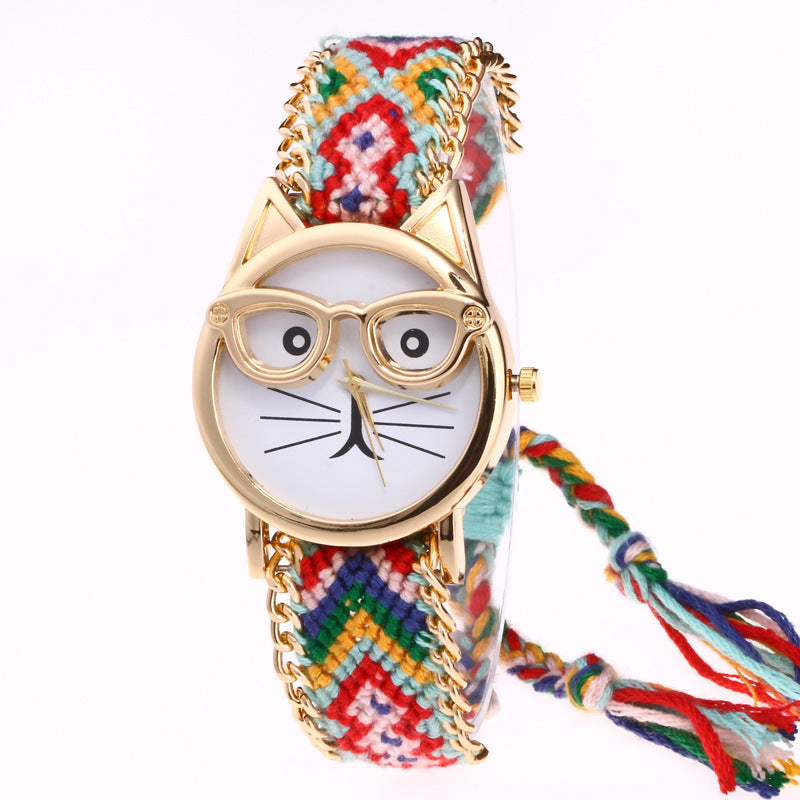 DIY Hand-Knitted Woolen Chain Cat Face Glasses Watch – Ethnic Style Woven Bracelet Watch for Women