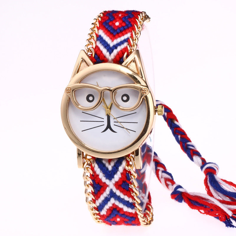 DIY Hand-Knitted Woolen Chain Cat Face Glasses Watch – Ethnic Style Woven Bracelet Watch for Women