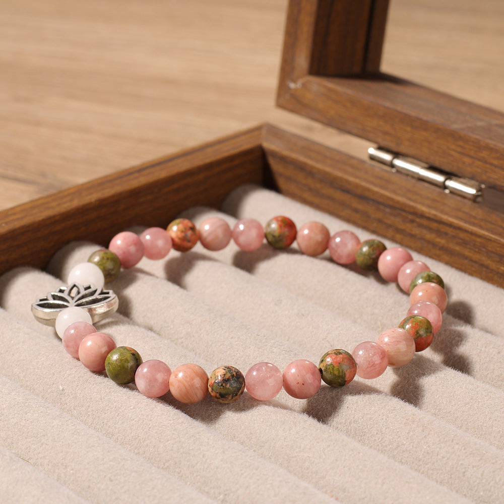 Rhodonite Crystal Bohemian Lotus Bracelet – Seven-Pulse Natural Stone Beads