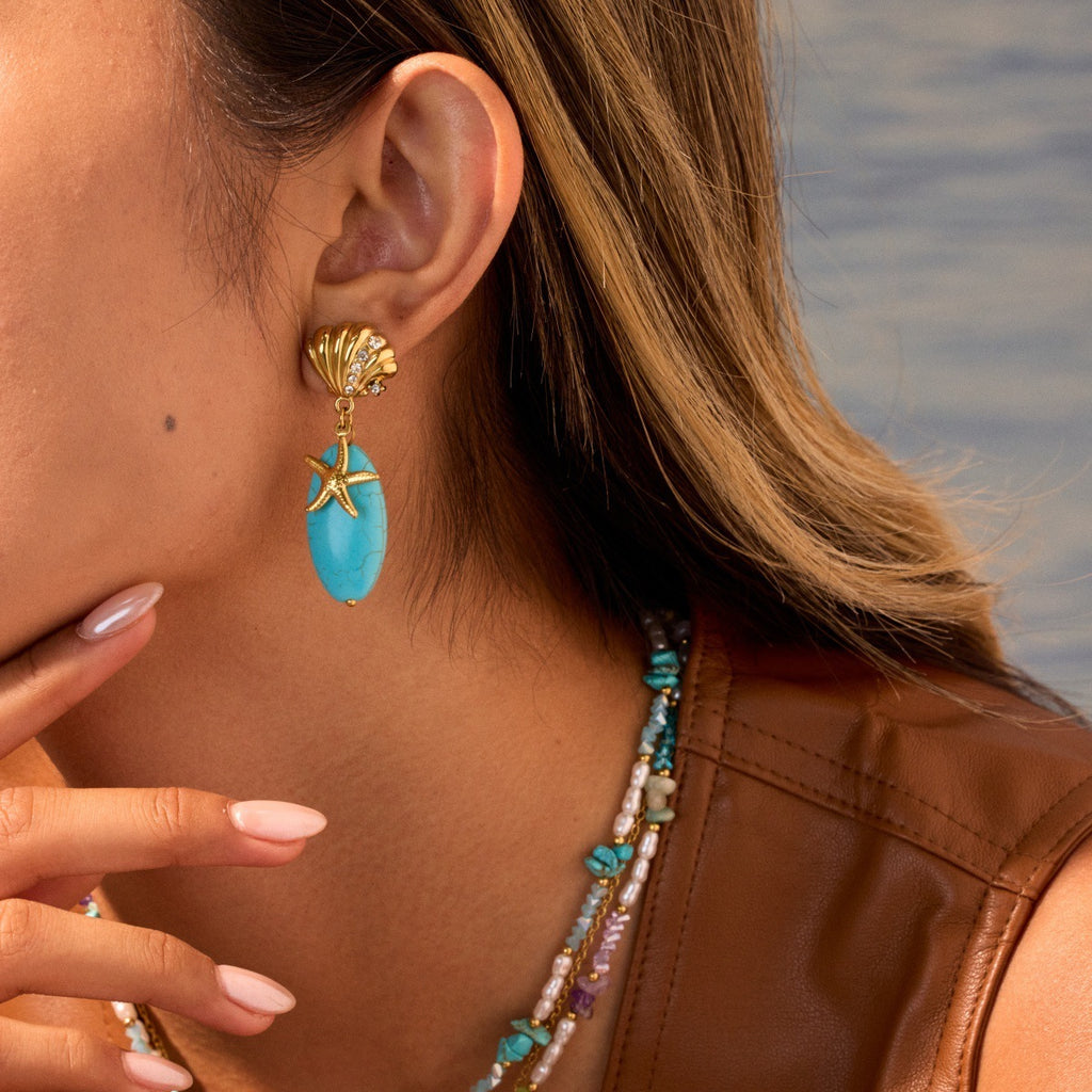 Natural Turquoise Stone Eardrop Earrings – Stainless Steel Jewelry for Women