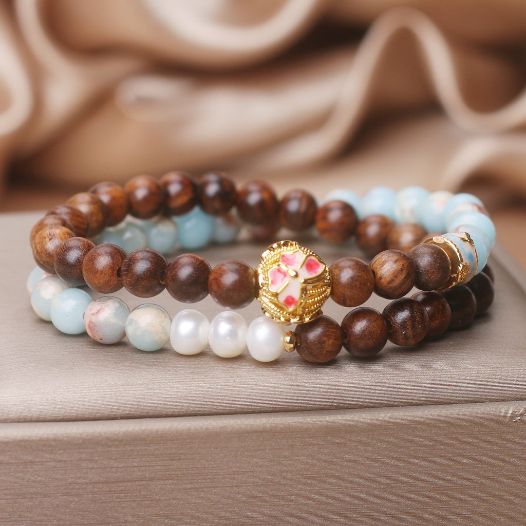 Natural Shoushan Stone Pear Flower & Wood Double Ring Bracelet