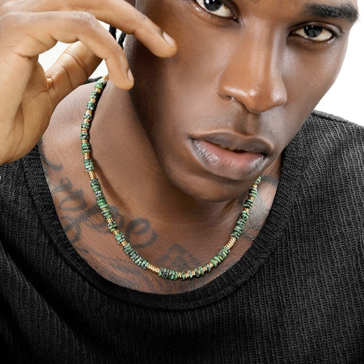 Vintage Speckled Green Stone Beaded Necklace – Natural Gemstone Jewelry for Women