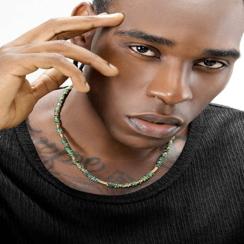 Vintage Speckled Green Stone Beaded Necklace – Natural Gemstone Jewelry for Women