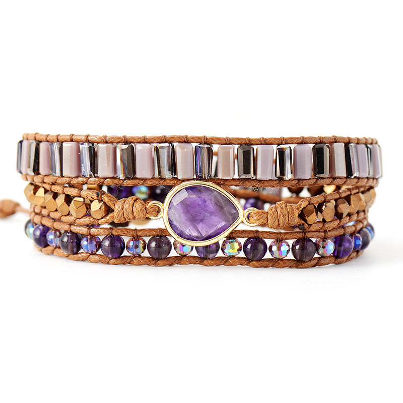 Handmade Amethyst Natural Stone Bracelet – European & American Vintage Weave Jewelry