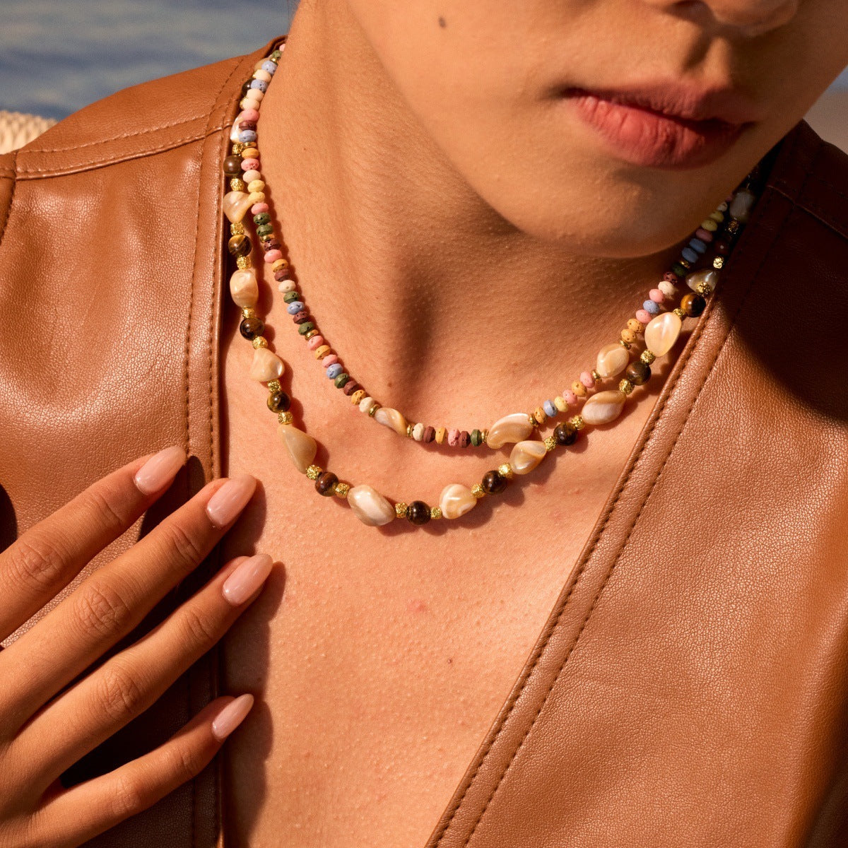 Stainless Steel & Natural Stone Beaded Necklace