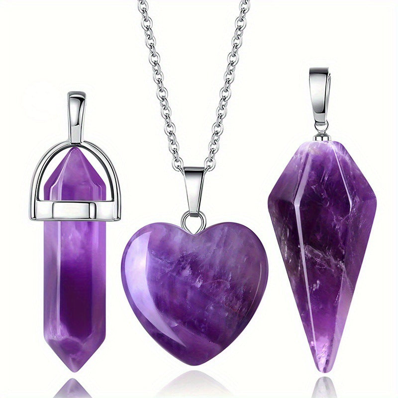 Purple Crystal Hexagonal Pendant Necklace Natural Stone Jewelry for Women