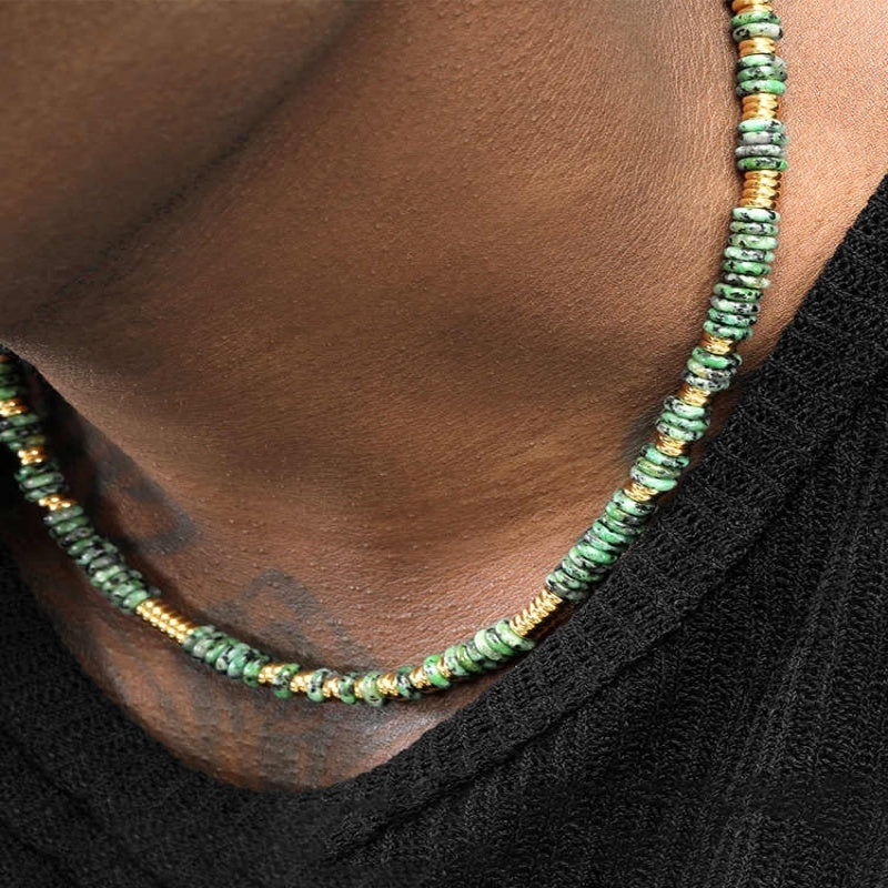 Vintage Speckled Green Stone Beaded Necklace – Natural Gemstone Jewelry for Women