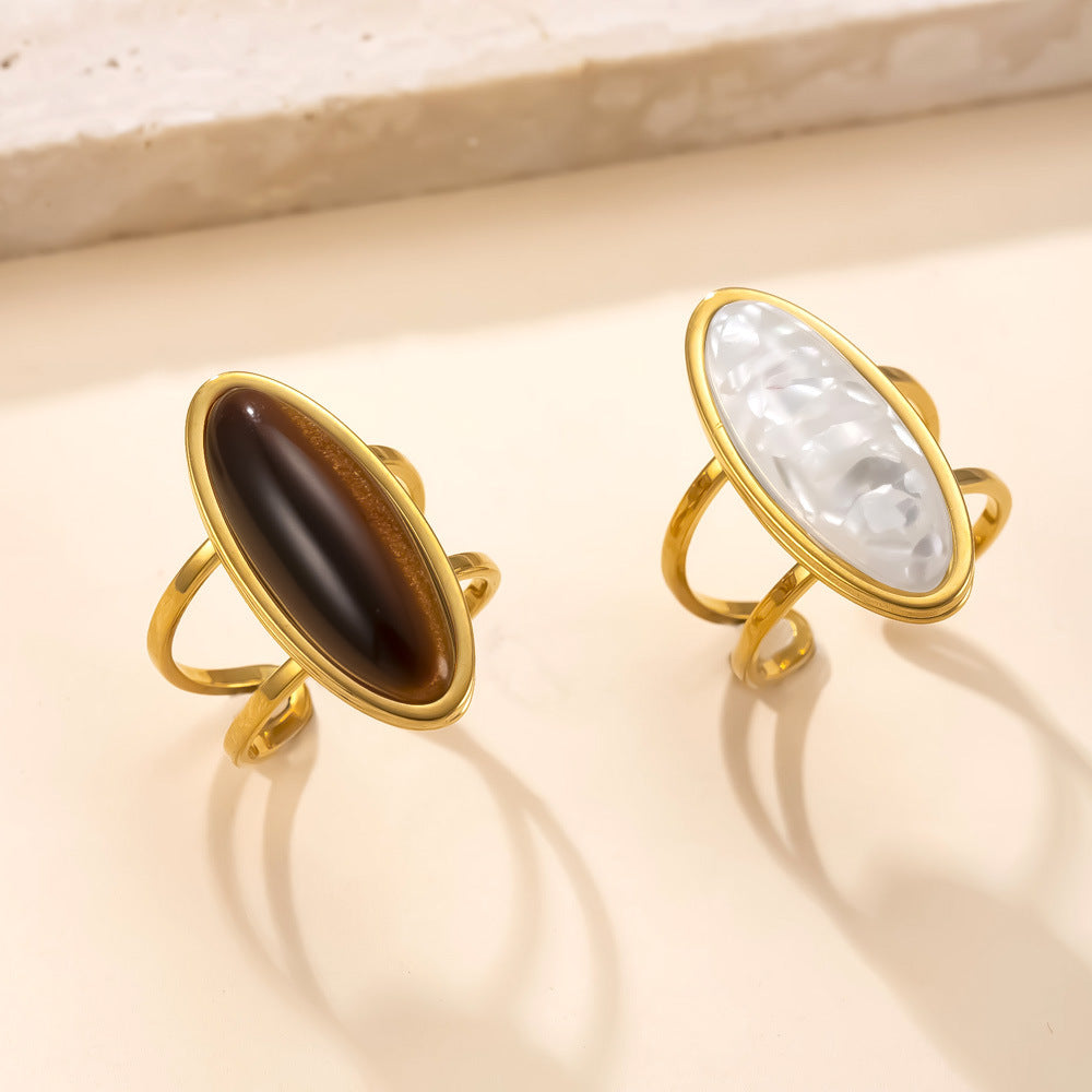 Oval Natural Stone Stainless Steel Ring – Simple & Elegant Jewelry