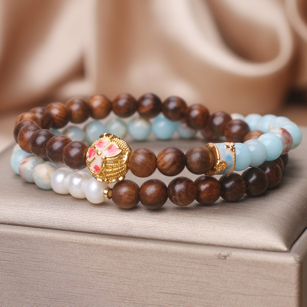 Natural Shoushan Stone Pear Flower & Wood Double Ring Bracelet