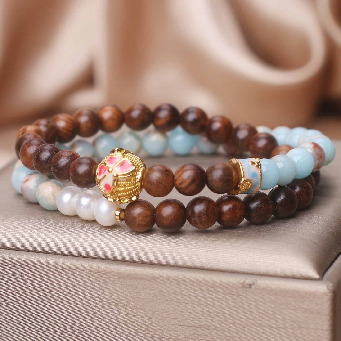 Natural Shoushan Stone Pear Flower & Wood Double Ring Bracelet