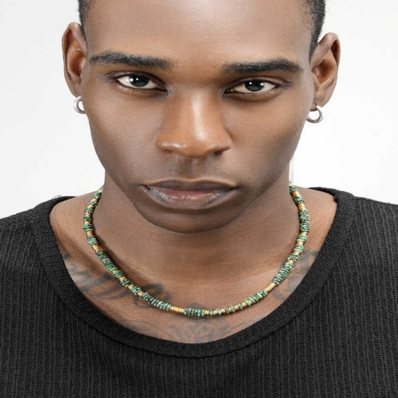 Vintage Speckled Green Stone Beaded Necklace – Natural Gemstone Jewelry for Women