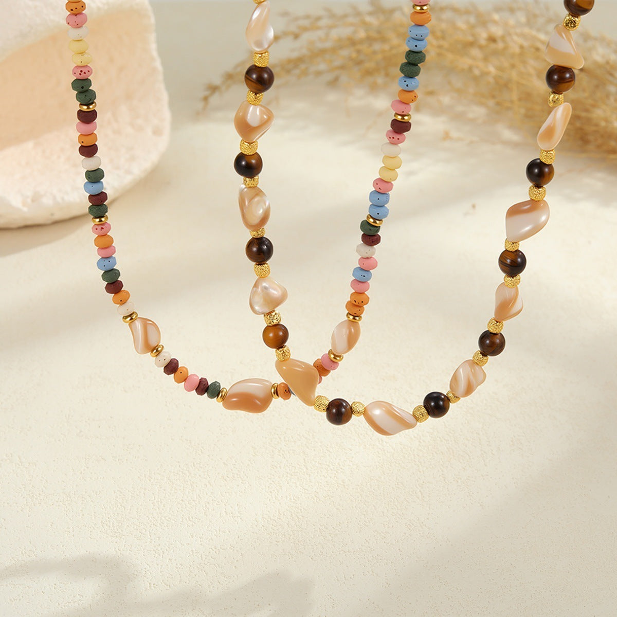 Stainless Steel & Natural Stone Beaded Necklace