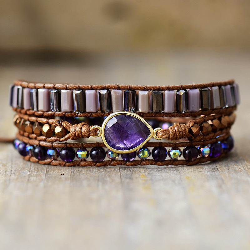 Handmade Amethyst Natural Stone Bracelet – European & American Vintage Weave Jewelry