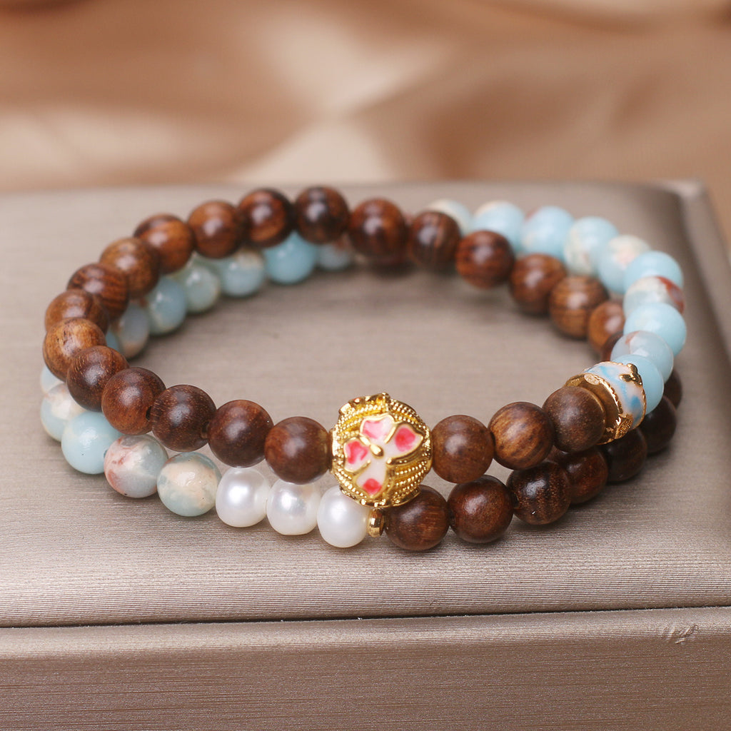 Natural Shoushan Stone Pear Flower & Wood Double Ring Bracelet