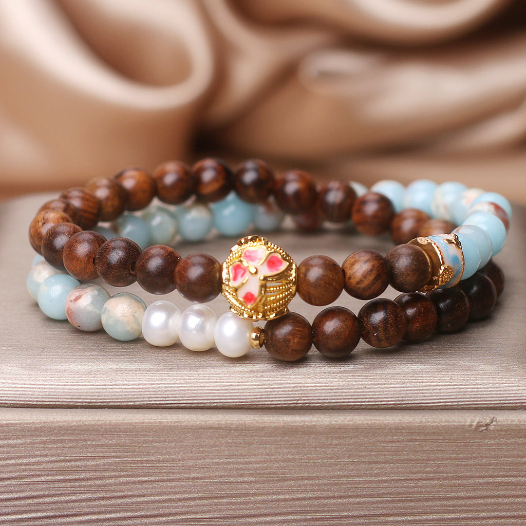 Natural Shoushan Stone Pear Flower & Wood Double Ring Bracelet