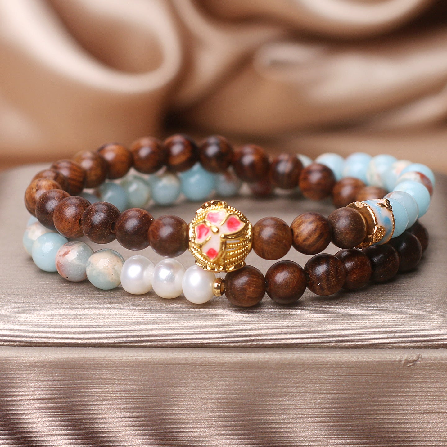 Natural Shoushan Stone Pear Flower & Wood Double Ring Bracelet