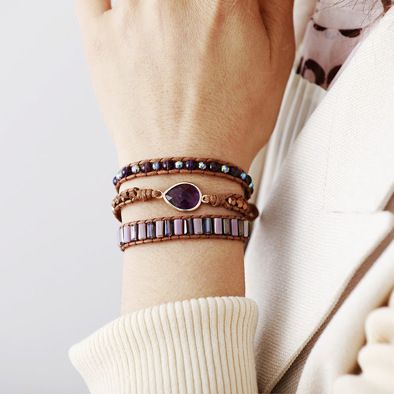 Handmade Amethyst Natural Stone Bracelet – European & American Vintage Weave Jewelry