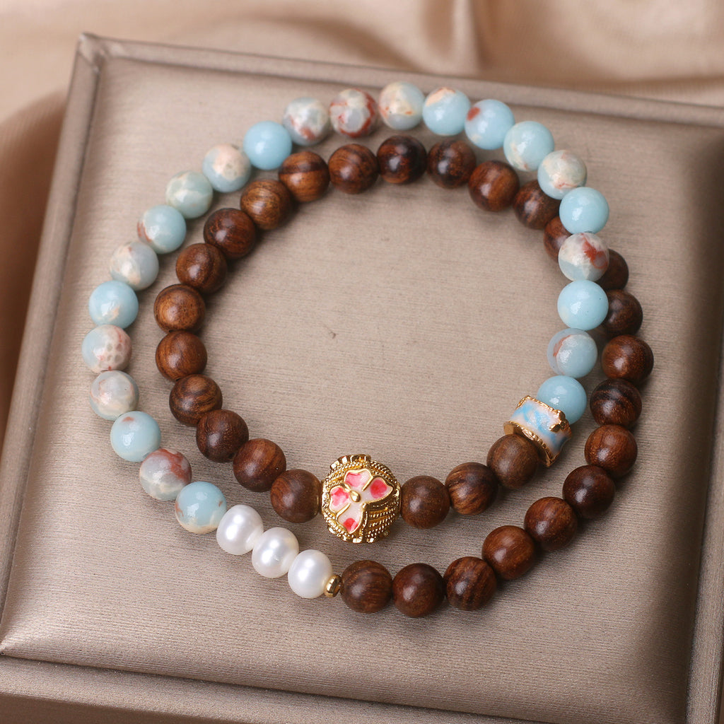 Natural Shoushan Stone Pear Flower & Wood Double Ring Bracelet