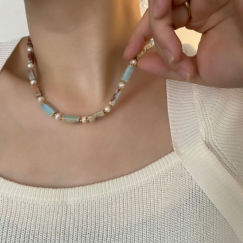 Lightweight beaded necklace for women with natural stone accents